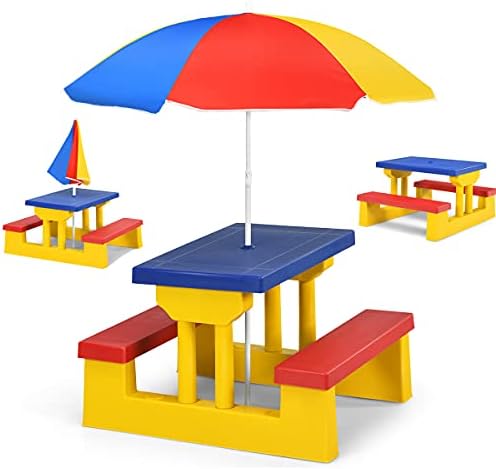Kinder Sitzgruppe Kindertisch Picknickbank mit Sonnenschirm