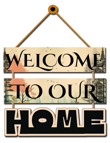 Image of GENXTRA inchWelcome to Our Home Wooden Wall Hanging | Rustic Forest Theme Decorative Wall Sign for Entryway, Living Room & Balcony