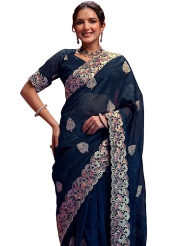 Image of SIRIL Women's Shimmer Chiffon Sequence Embroidery Saree With Unstitched Blouse Piece for Wedding and Parties