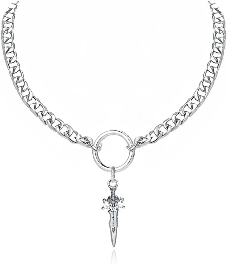 Cuba O Ring Choker Necklace Punk Stainless Steel Cuban Chain Necklace Sword Pendent Alt Jewelry Accessories for Women and Men