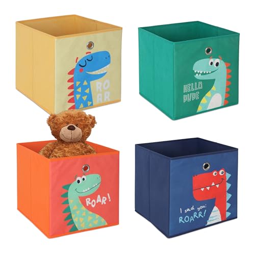 Relaxdays 4er Set, Kinder Aufbewahrungsboxen, süße Dino-Motive, Faltbox für Würfelregale, HBT: 30x30x30 cm, Textil, bunt Relaxdays 4er Set, Kinder Aufbewahrungsboxen, süße Dino-Motive, Faltbox für Würfelregale, HBT: 30x30x30 cm, Textil, bunt