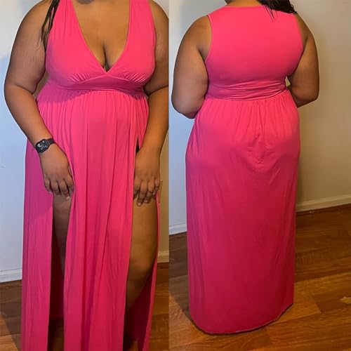 Image of SILUI Women's Summer 2026 Sexy Double High Slit Deep V Neck Plus Size Sundresses Thigh Split Maxi Club Party Dresses