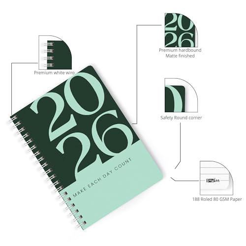 Image of PAPBOO A5 Handy, Hardcover, Hardbound 2026 Diary with Calendar, Easy to Carry White Spiral Wiro Notebook: 80 GSM Paper, Ruled, 188 Pages, Journal, Diary, Gift (Dark Green)