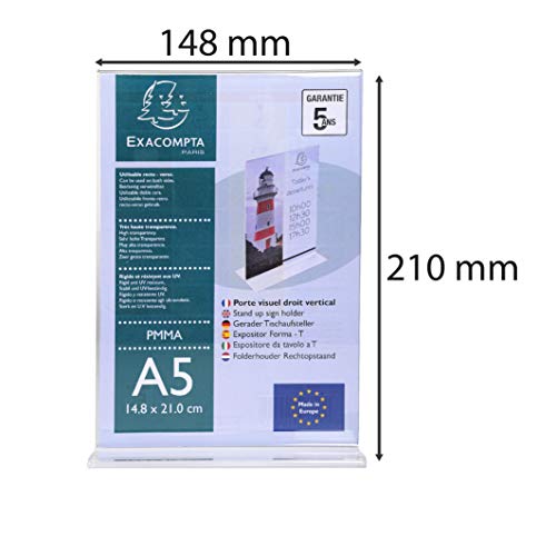 Exacompta 85158D Prospekthalter DIN A5 Hochformat aus stoßfestem Acryl T-Fuß ideal zur Präsentation Flyerhalter Aufsteller transparent