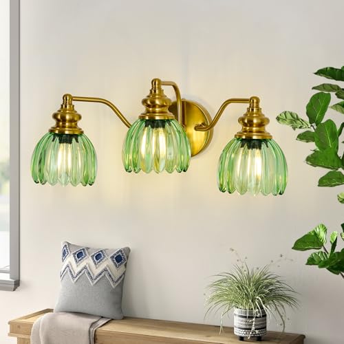 Image of Piepooye Vintage Bathroom Light Fixtures Gold Vanity Light with Green Glass LampShade 3 Lights E26 Bulb Wall Sconce Indoor Vanity Light Over Mirror for Bedroom Kitchen Farmhouse Living Room