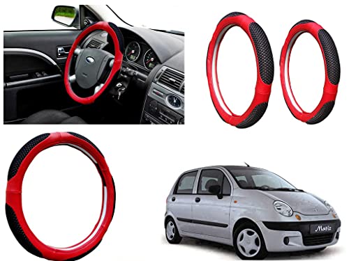 Image of Microfiber Car Steering Wheel Cover, Soft Padding Great Hand Feel, Anti-Slip, Faux Leather Steering Cover for Daewoo Matiz | Black Red Jali - Pack of 1