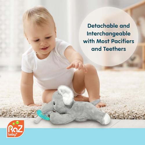 Image of RaZbaby JollyPop Pacifier, Holder w /Detachable Baby Pacifier, Stuffed Animal RaZbuddy, All Ages 0M+, Machine Washable, Textured & Easy to Hold - Elephant