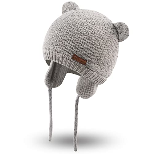 Bamery Baby Crochet Hat Infant Cute Bear Ear Beanie Toddler Boys Girls Earflap Hats for Fall Winter Warm Cap (Bear Gray, 0-6M)