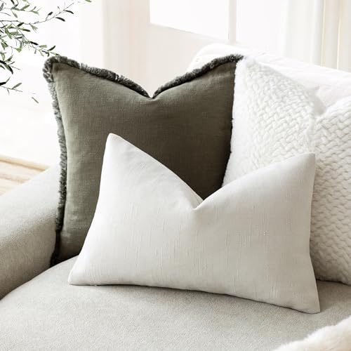Image of Foindtower Pack of 2 Soft Textured Throw Decorative Pillow Covers Lumbar Accent Solid Cushion Cover Cozy Neutral Farmhouse Pillow Case for Couch Sofa Bedroom Living Room 12x20 Inch, Ivory White