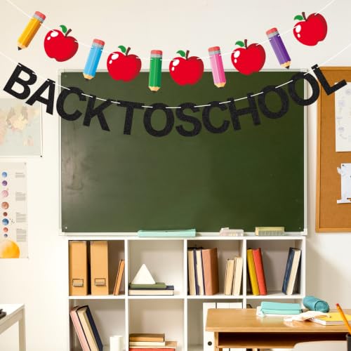 Image of Welcome Back to School Banner First Day of School Garland Black Glitter Pencil Apple Classroom Decorations for Teacher Preschool Classroom Office Home Decor Photo Backdrop Party Favors