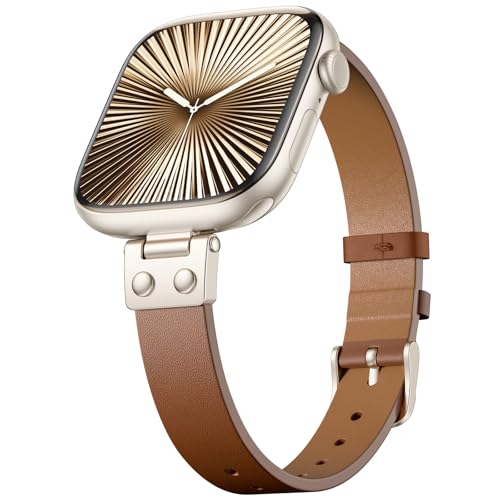 SNBLK Top Grain Genuine Leather Band Compatible with Apple Watch Bands for Women 40mm 41mm 42mm 44mm 46mm 49mm 38mm 45mm, Slim Dressy Strap for iWatch SE Series 11/10/9/8/7/6/5/4/3/2/1 Ultra