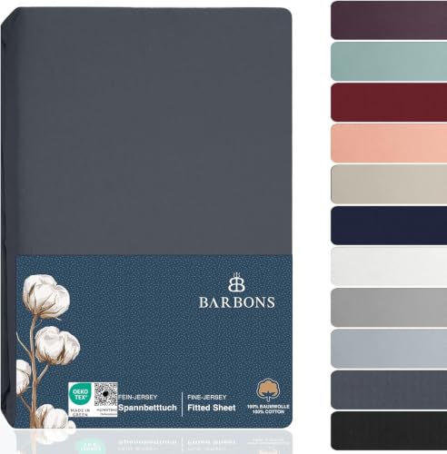 BARBONS Spannbettlaken 180x200cm - 100% Baumwolle Spannbetttuch Oeko-TEX Zertifiziert Bettlaken Jersey Bettwaren und Bettbezug für Boxspringbett und Dicke Matratzen bis 27 cm - Dunkelgrau 180 x 200