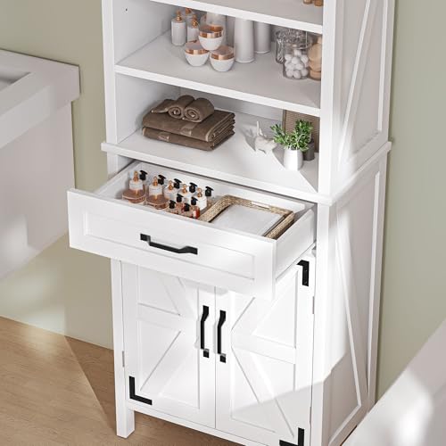 DWVO 58" Tall Storage Cabinet Bathroom Storage Cabinet with Doors and Shelves, Large Floor Cabinet White Bathroom Cabinet Versatile Kitchen Pantry for Kitchen, Dining Room, Pearl White