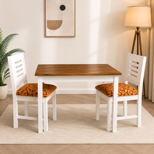 Image of 2 Seater Dining Table Set for Home & Kitchen | Wooden Finish Table with White Frame & Cushioned Chairs | Compact Dining Set for Small Spaces | Table Size 34 x 30 x 29 Inches