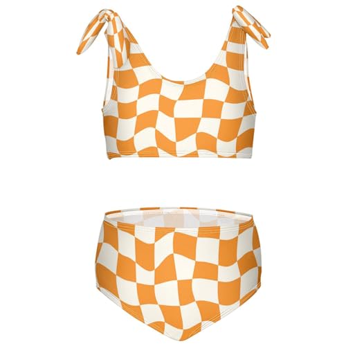 Boccsty Orange Checkered Girls Tankini Swimsuits Kids Bikini Sets 2 Pcs Bathing Suit for 11-12T