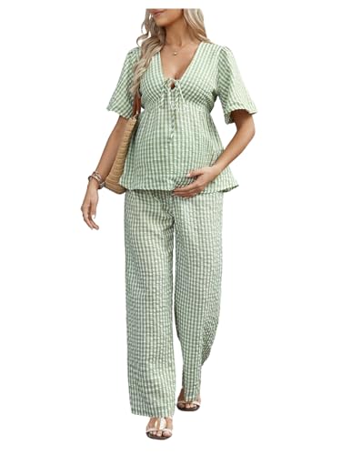 SweatyRocks Women's Maternity 2 Piece Outfits Plaid Peplum Blouse and