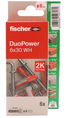fischer - Duopower 6x30 Con Alcayata - 6U, Tacos para pared multimaterial, sirven para Colgar Bicicletas, Cuadros, Armarios, Soportes de Televisión, Estanterías, Muebles.