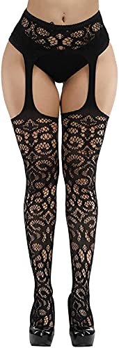 Image of Women's Floral Fishnet Stockings with Attached Garter Belt