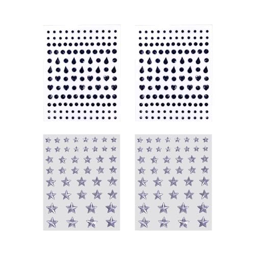 Rainway Set di 4 tatuaggi autoadesivi per il viso, gocce nere e stelle argentate con glitter e strass, temporanei e rimovibili per carnevale, Halloween, feste, matrimoni e trucco