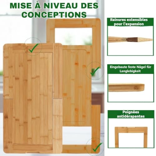 Planche à découper pour évier extensible en bambou avec bac d'égouttement