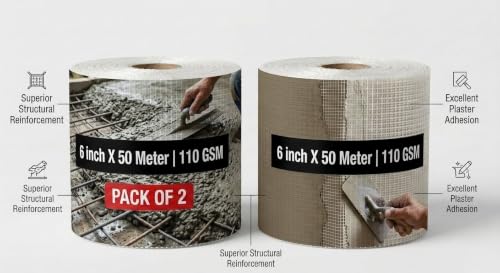 Image of Fiberglass Mesh Roll for Plastering, 110 GSM, 6 Inch x 50 Meter, Pack of 2
