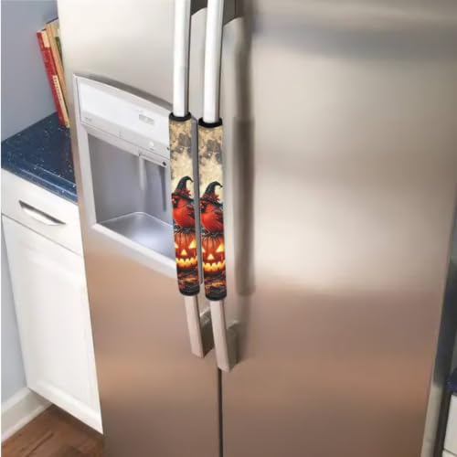 Image of 6 Pcs Refrigerator Microwave Door Handle Covers Electrical Appliances Handle Protector for Halloween Home Kitchen Decor, Cardinal Bird Pumpkin Moon Print