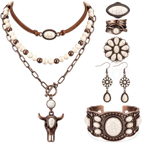 Image of Ecally Bohemian Western Jewelry Turquoise Set Women Country Pendant Long Choker Layered Bracelets Earrings Ring for Women