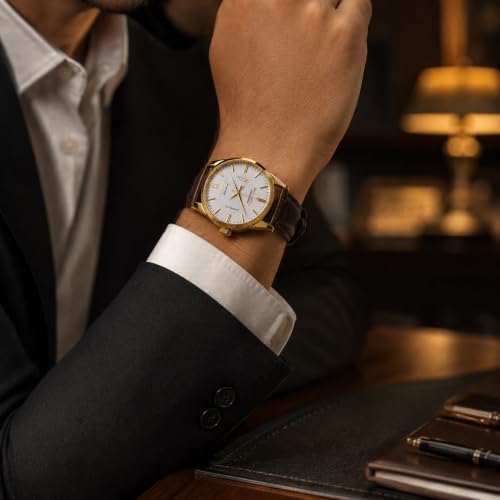 Image of ROCOSJEWE Men's Automatic Watch, Luxury Mechanical Watch for Men with Gold Case & Brown Leather Strap, 40mm Business Dress Watch with Day Date Display, Waterproof Analog Wristwatch