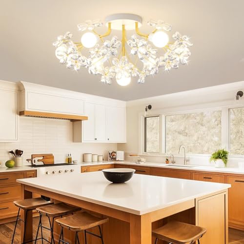 Lampe de plafond en fer doré et éclats de cristal médiéval