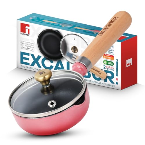 Image of BERGNER Excalibur Lightweight Cast Iron Tadka Pan with Lid 12cm, Non-Stick Vaghar Pan, PFAS Free, Perfect Heat Distribution, Elegant Design, Silicone Grips - Induction and Gas Stove Ready (Pink)
