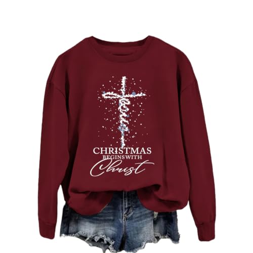 MUYLANTEZ Women Christmas Sweatshirt Christmas Begins with Christ Graphic Crew Neck Pullover Christian Religious Faith Shirt Wine - image 1