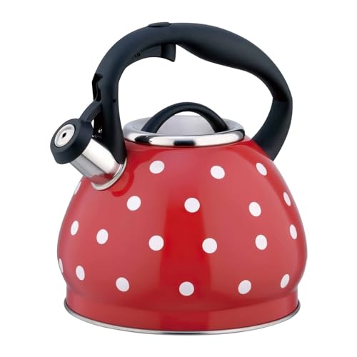 Tea Kettle, Polka Dot Teapot Stovetop, 3L Vintage Whistling Tea Pot, Stainless Steel Portable Travel Teakettle for Stove Top/Induction Stove Hob(Red)