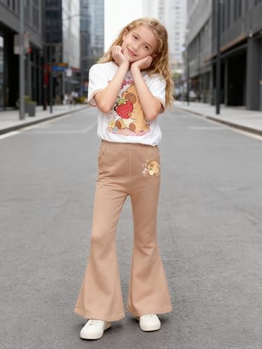 Image of Ayzozuy Tween Girls 2 Piece Outfits Short Sleeve Cartoon Graphic T-Shirt & Flared Pants Kids Clothing Set Size 8-13 Years