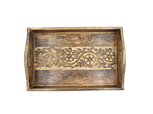 Store Indya Hand Carved Wooden Breakfast Serving Tray With Handle For Breakfast Tea Snack Dessert | Kitchen Dining Serve-Ware Accessories | 15 X 10 Inches #TOP1