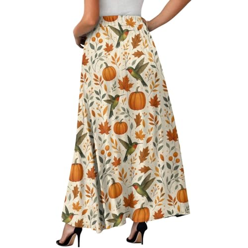 Women's Summer Casual Dress A-Line Midi Elastic High Waist Pleated Long Skirts with Two Pocket Size S-2XL2