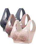 3pcs Set Wireless Bras for Women Floral Contrast Lace Comfy & Breathable Full Coverage Support Women's Bras for Everyday Wear (US, Alpha, Medium, Regular, Regular, Powder+Brown+Grey)