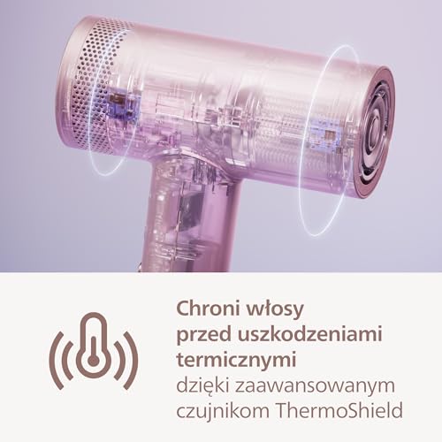 Philips Suszarka z serii 8000: ThermoShield Advanced i bezszczotkowy silnik DC zapewniają szybkie suszenie i optymalną pielęgnację, 1400 W, kolor Rose Champagne, nasadka i dyfuzor, model BHD837/10