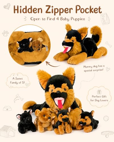 Image of MaoGoLan 5Pcs Giant German Shepherd Dog Plush Toys with 4 Babies, Realistic Soft and Cuddly Stuffed Dog Puppies for Kids, Puppy Lovers