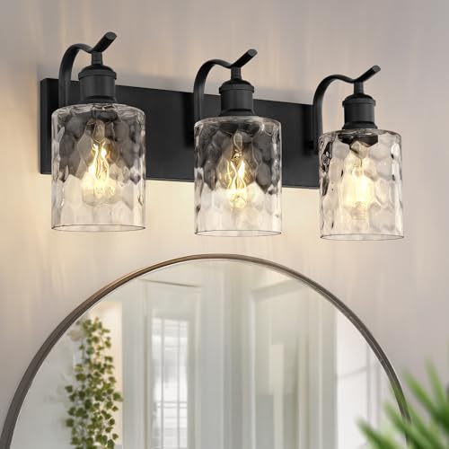 Image of Bathroom Vanity Light Fixtures Over Mirror 3-Light Hammered Glass Wall Mounted Modern Black - VL01BKH-3