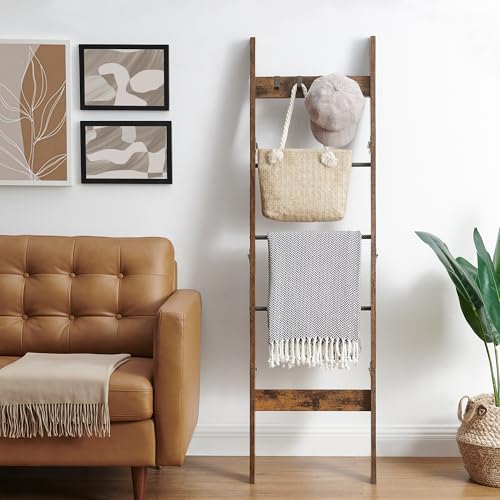 Hzuaneri Blanket Ladder for Living Room, Decorative Quilt Rack with 4 Removable Hooks, 5-Tier Farmhouse Ladder Holder Shelf Organizer for Bedroom, Rustic Brown and Black 02101BBR
