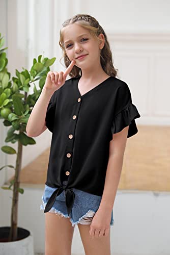 Image of Girls Ruffle Short Sleeve Shirts V Neck Tie Front Knot Tops Button Cute Tunic Shirts Blouse