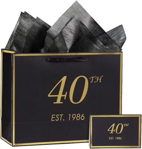 40th Birthday Gift Bag with Card & Tissue, Black & Gold