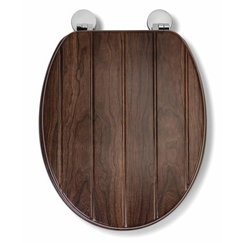 Croydex Molvena Wooden Toilet Seat - Adjustable Hinges with Top and Bottom Fixings Included and Rust Free Chrome Plated Hinge Covers, Antibacterial Treated Surface (Walnut Effect)