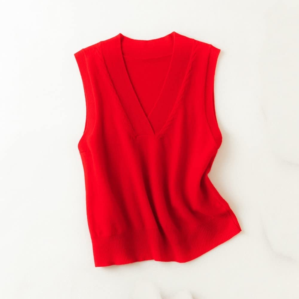 Camiseta Tirantes Mujer,Chaleco De Suéter con Cuello En V para Mujer Vintage Corto De Lana Roja Color Sólido Básico Simple Sin Mangas Chalecos De Punto Chaleco De Estilo Preppy Jumper Unif