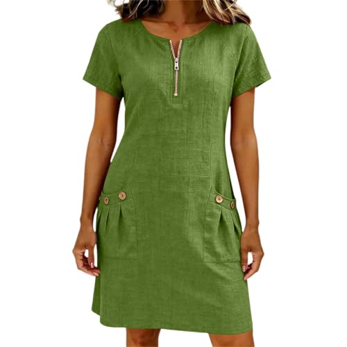 Robe d'été en coton et lin pour femme col rond avec poches