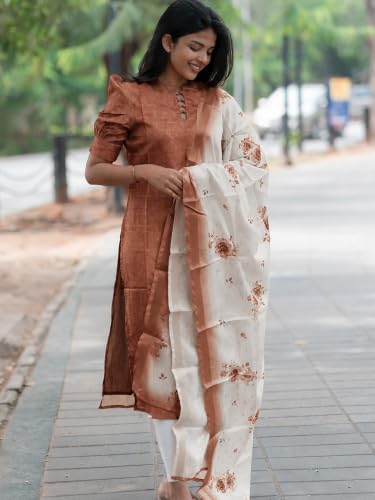 Image of Sun Fashion And Lifestyle Women's Chanderi Straight Stitched Printed Kurti With Printed Organza Dupatta For Women