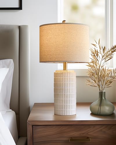 Image of PoKat 23'' Bedside Table Lamp for Bedroom Nightstands, Modern Ceramic Decor | White Desk Lamp, Nickel Pole, House Warming & Birthday Gifts, for Women Mom, Ideal Table Light for End Table & Living Room