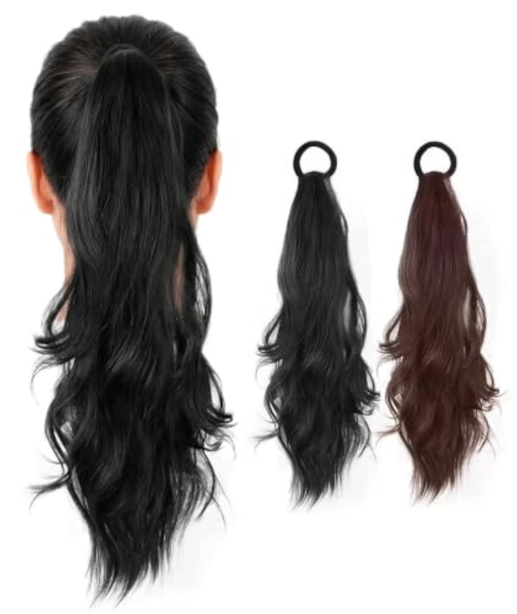 2 Pack Real Hair Ponytail Extensions for Women, Black & Dark Brown