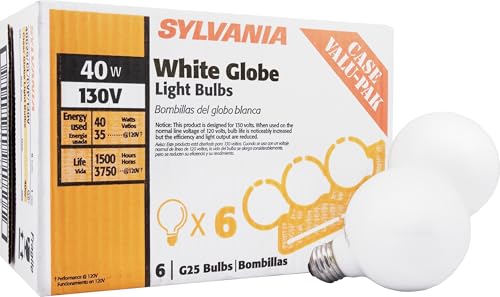 Sylvania Incandescent G25 E26 Globe 40 Watt Vanity Light Bulbs, 6 Pack