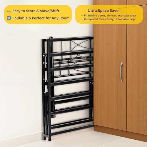 Image of DELITE KOM Mario Metal Bed | King Size Folding Metal Bed (6.4ft x 6ft) Foldable, Portable, No Installation | Strong Steel Frame | Powder Coated | for 75 inchx72 inch Mattress | Glossy Black |1 Year Warranty
